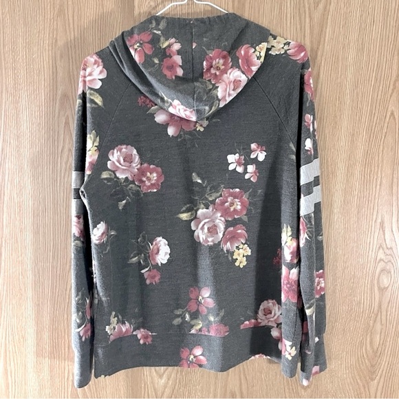 Gray Floral Print Cotton Tee Pullover Hoodie Top - Picture 3 of 5